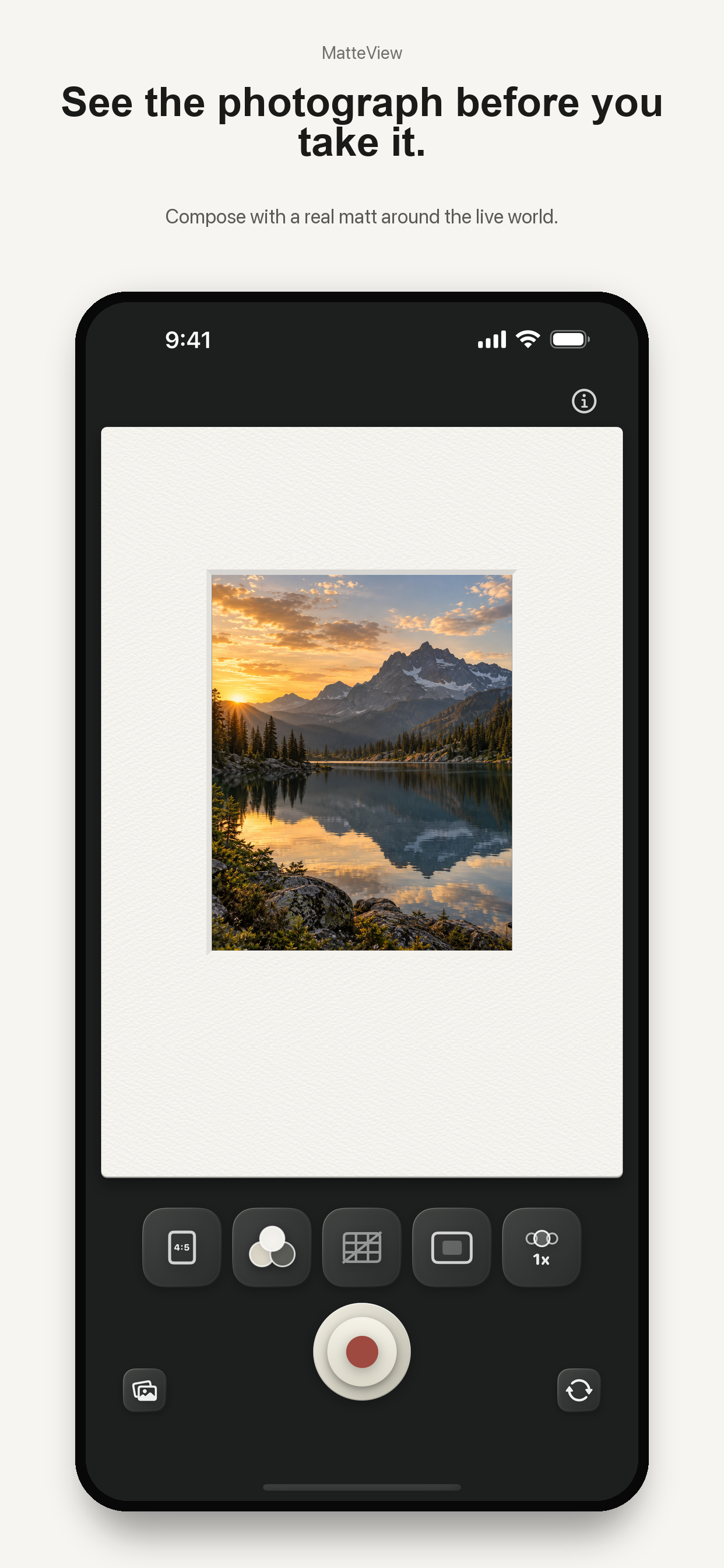MatteView 1.1 App Store image showing a mountain lake inside a textured white photo matt.