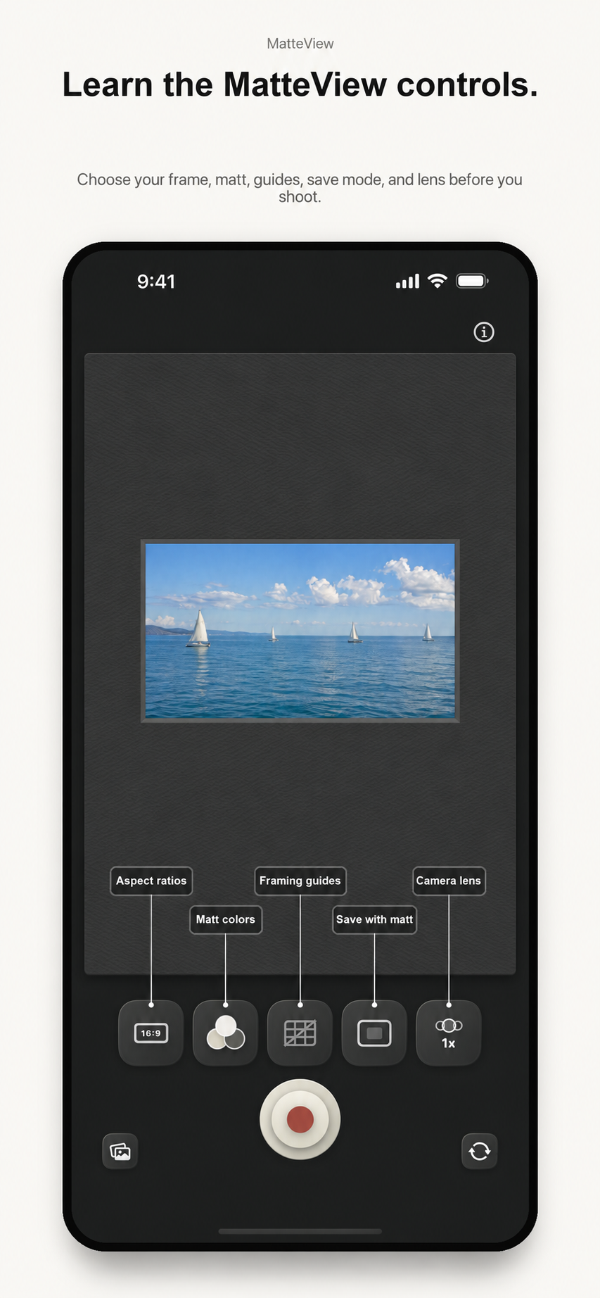 Illustration of the MatteView controls with a charcoal matt, identifying the aspect ratio, matt color, framing guide, save mode, and camera lens controls.